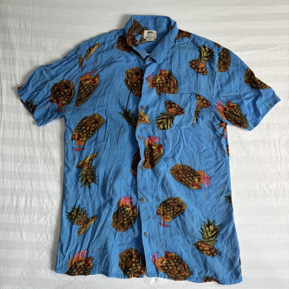 Vans Aloha Hawaiian Shirt Mens Large Blue Pineapple Cocktail Rayon Camp Shirt